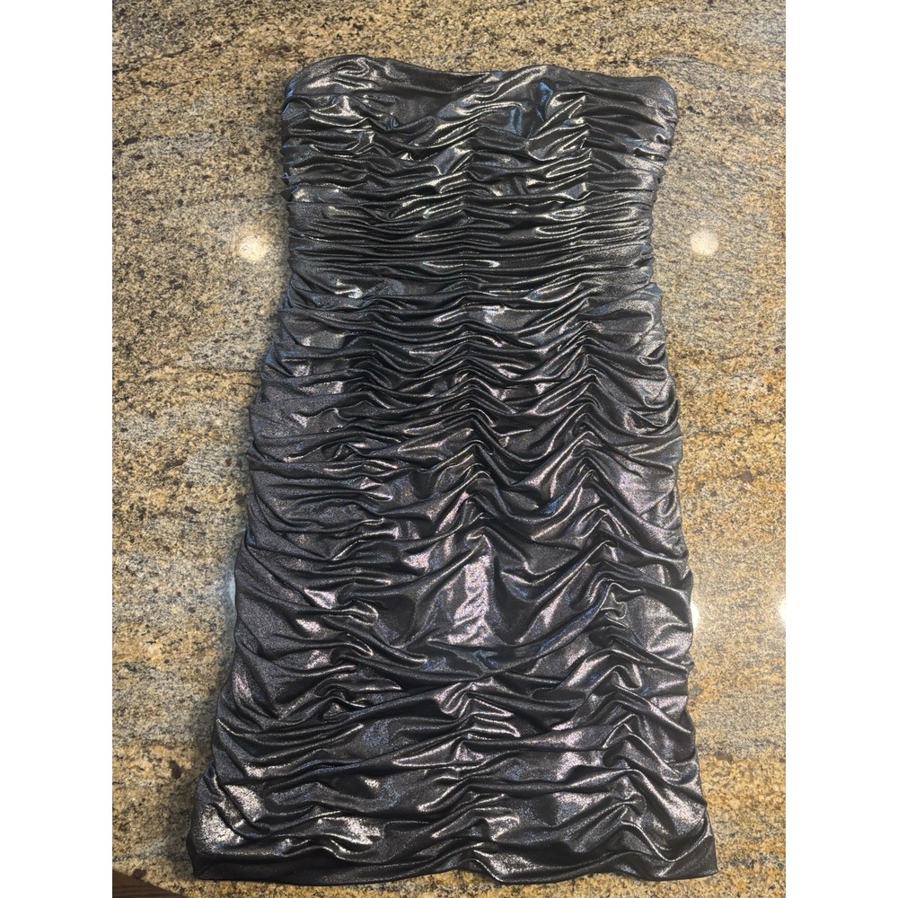 90s‎ Y2K Cache Silver Metallic Strapless Ruched Tube Dress Size 8